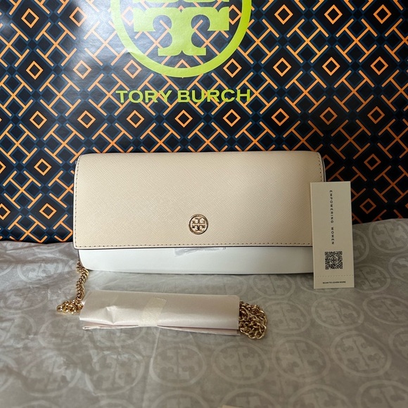 Tory Burch Emerson Colorblock Wallet on a Chain Crossbody Bag Brie Almond Flour - Picture 1 of 15